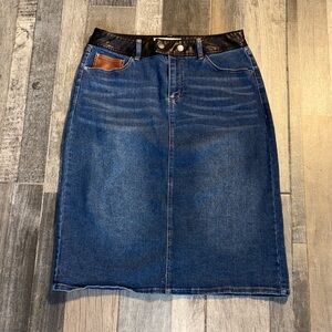 Blue Denim Skirt with Leather Trim